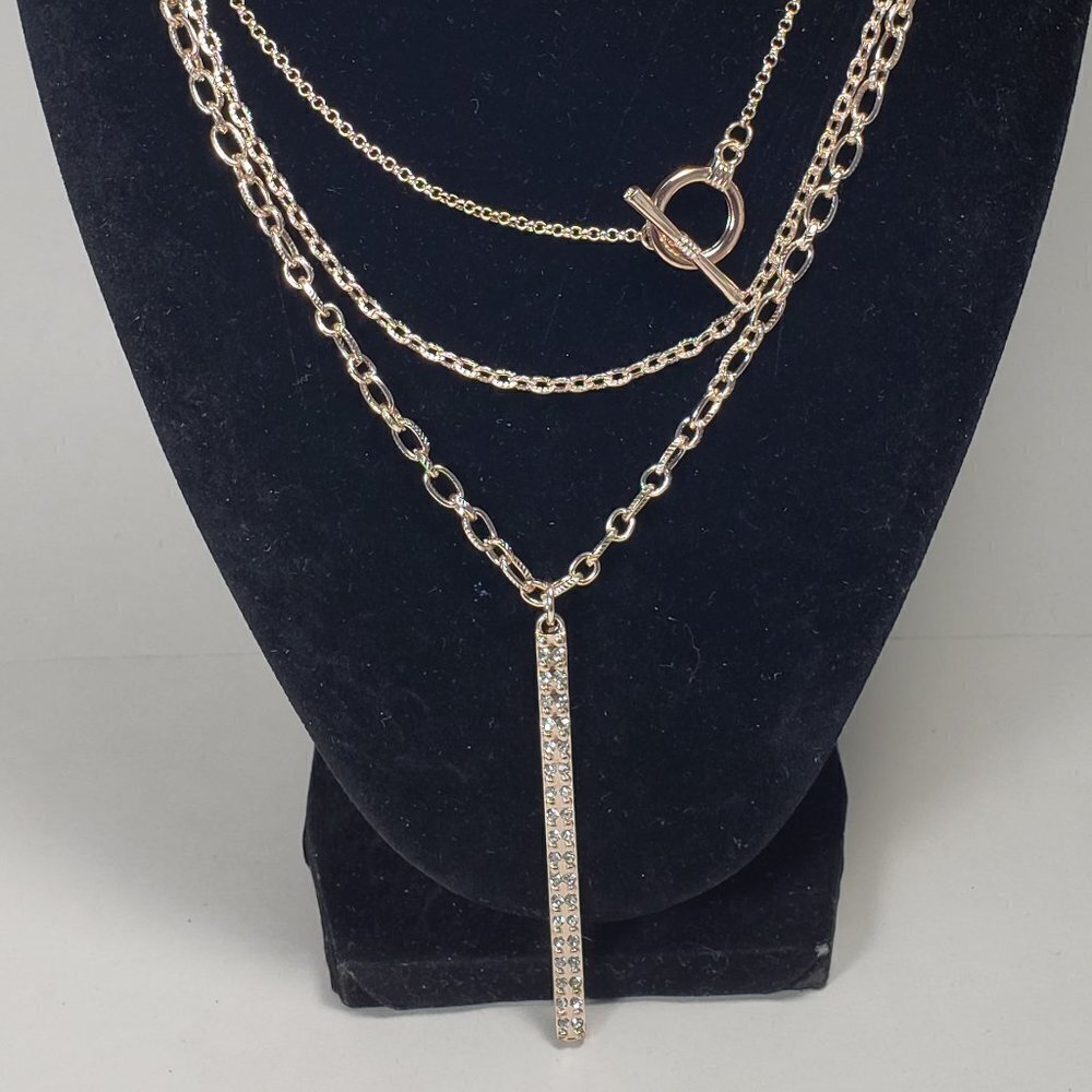Multi Strand Rose Gold Tone 24 inches Crystal Vertical Bar Pendant Necklace - Picture 5 of 11